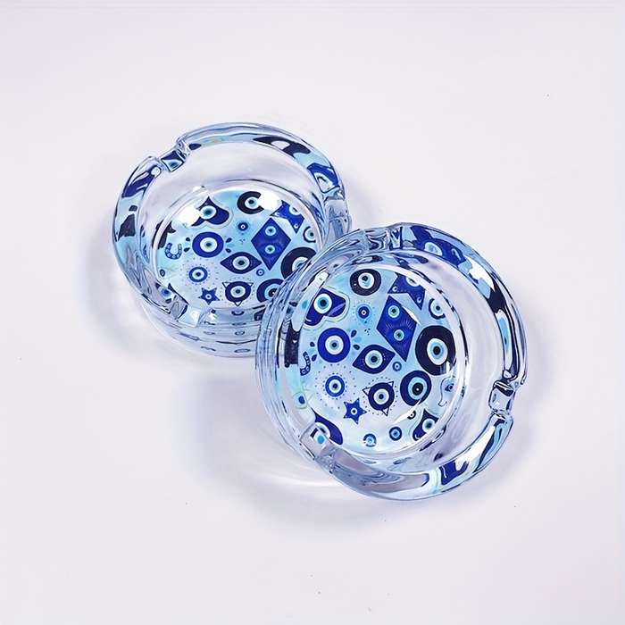 1pc Round Glass Ashtray with Blue Eye Design 8.48cm Decorative Smoke Accessory for Home Bar U
