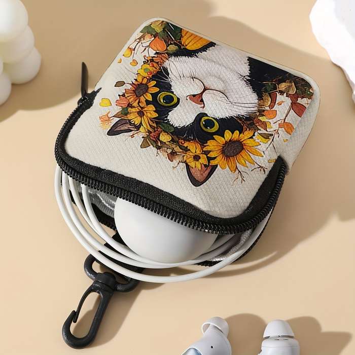 1pc Adorable Cat Sunflower Pattern Large Capacity Coin Purse Multi-Function Zippered Wallet