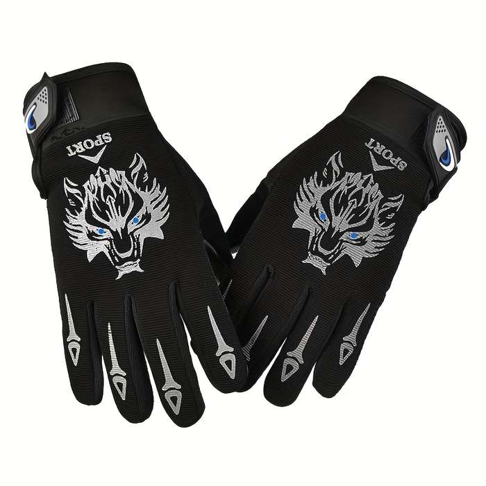1 Pair Black Five fingeRed Divided Finger Wolf Head Outdoor Sports Gloves