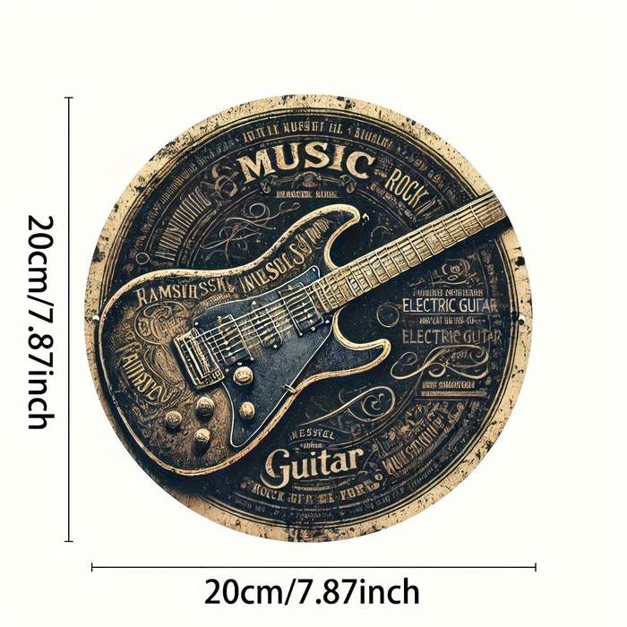 1pc Vintage Round Aluminum Tin Sign with Guitar Design 1 Piece Foil Engraved Metal Signage Durab