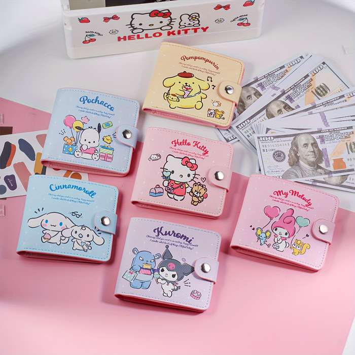 1pc Sanrio Cartoon Cute Wallet Pink Yellow Blue Purple Multi-Compartment Wallet with Button