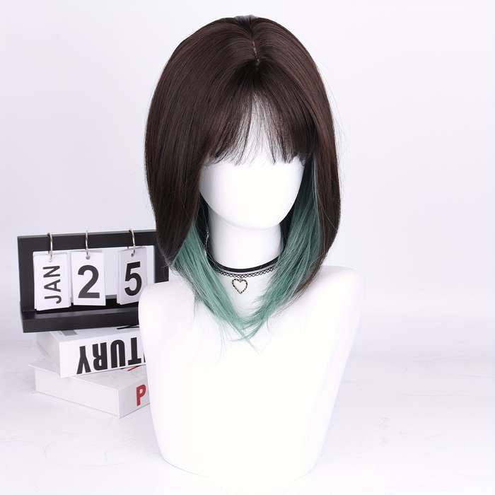 1Pc Brown Black+Green 40.64cm Fashion Design Wig