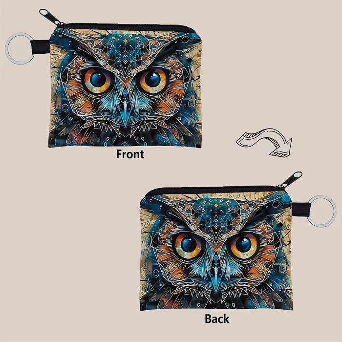 1pc SWEET Owl Print Zipper Pouch Lightweight Multifunctional Small Purse with Keychain Coin