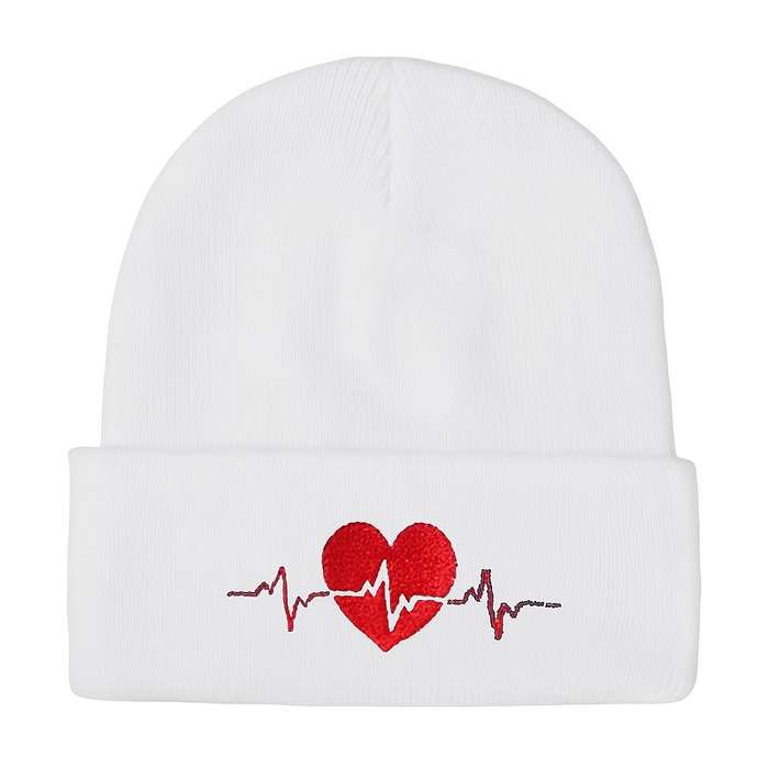 1pc Heartbeat Embroidered Beanie Soft Acrylic Knit Winter Hat Elastic Lightweight Machine