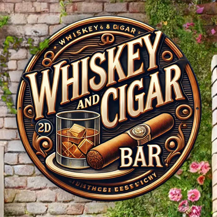 1pc Vintage Whiskey Cigar Metal Wall Art 20.32X20.32cm Aluminum Sign for Bar Man Cave and Home Decor