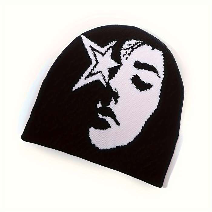 1pc Star Face Jacquard Knit Beanie for Women and Men Acrylic Stretchy Skull Cap Lightweight Unise