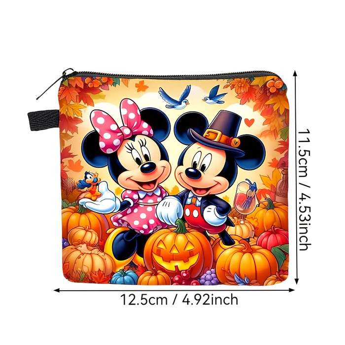 1pc Disney Mickey Minnie Mouse Coin Purse Festive Fall-Themed Design with Pumpkins Apples Au