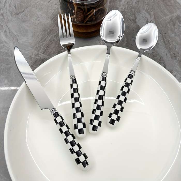 4pcs Stainless Steel Cutlery Set with Polka Dot Ceramic Handles Includes Knife Fork Spoon