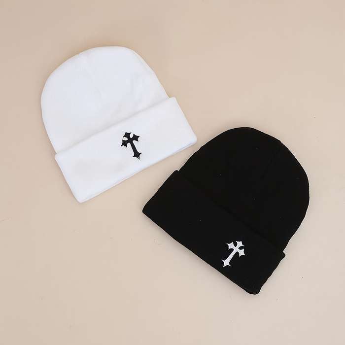 1pc 100% Acrylic Beanie Elastic Fit Embroidered Dark Cross Knit Beanie Unisex Thick Knitted Skul
