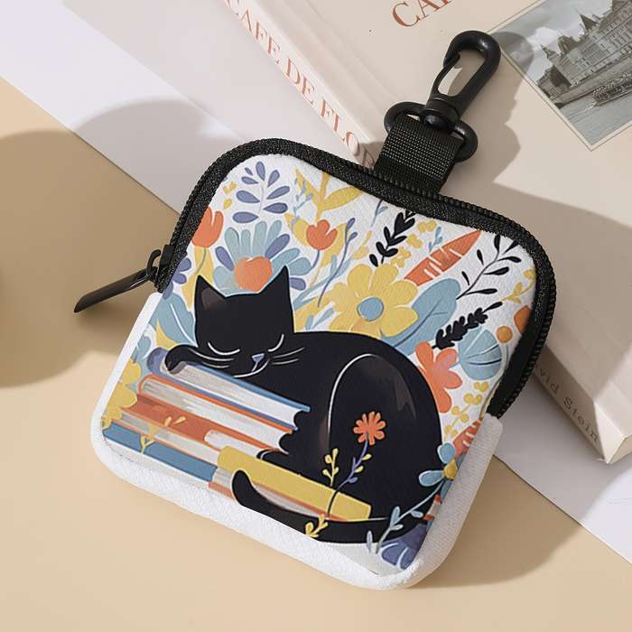 1pc Contemporary Polyester Coin Wallet with Sleeping Cat Books Design Large Capacity Zippere