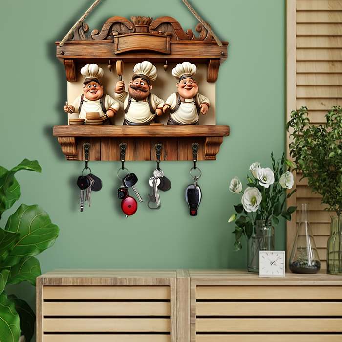 2D Flat 1pc Restaurant Chef Happy Partner Simple Colorful Wooden and Home Key Hanger with Four Me