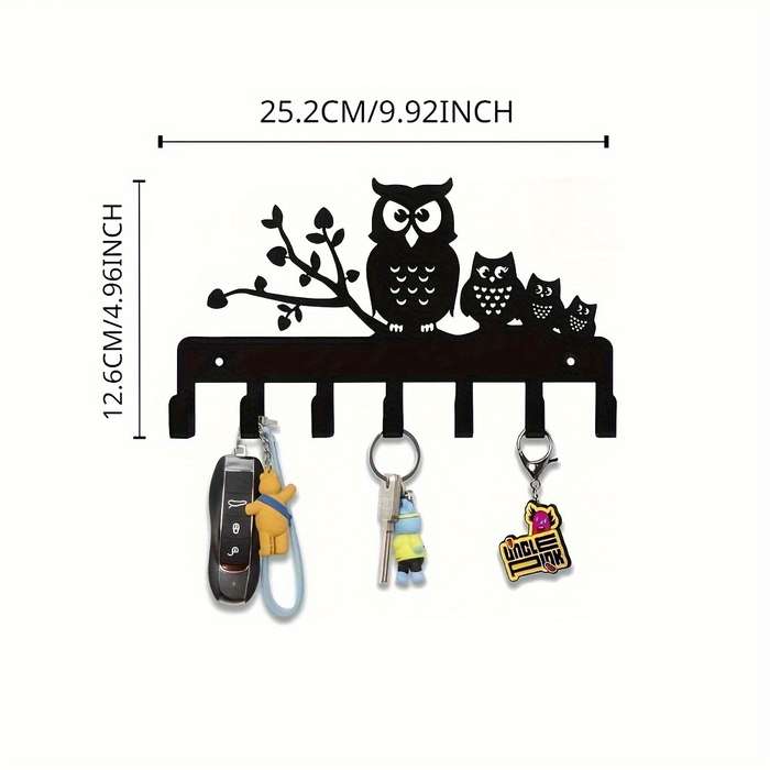 1pc Owl-Themed Metal Key HolderContemporary Black Wall-Mounted Rack with 5 Hooks for Easy Organiz