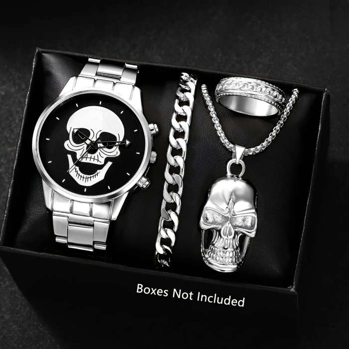 4 Piece Set Men's Watch Fashion Personality Skull Round Disc Quartz Watch