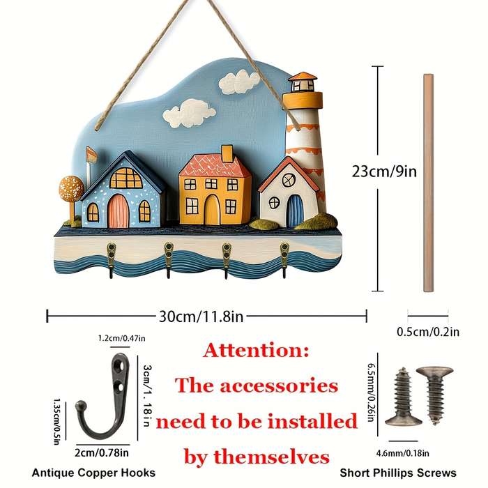 1pc Seaside Style Creative Home Wall Mounted Key Holder Simple Colorful Wooden Key Holder with Fou