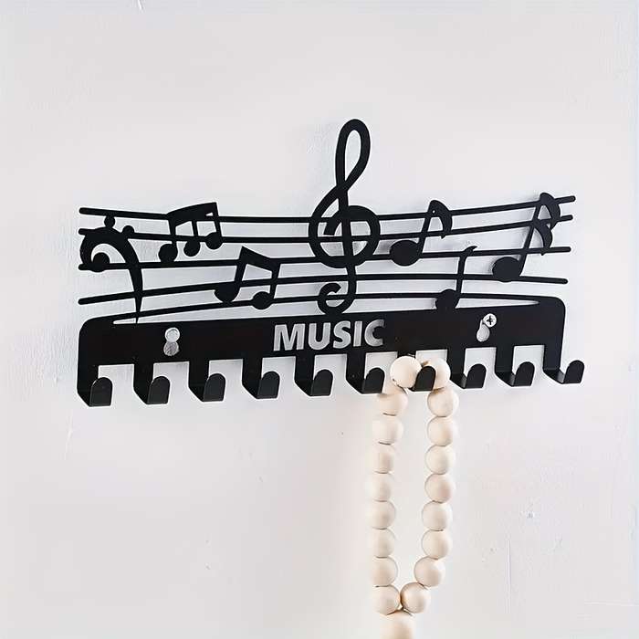 1pc Black Iron Music Note Key Hook Rack Multifunctional Wall-Mounted Storage Organizer Painted Fin