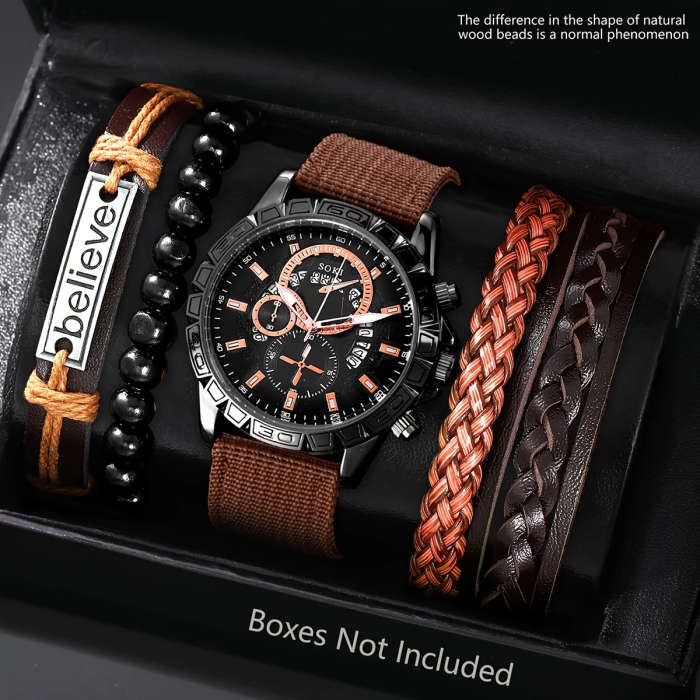5pcs Set Men's Watch Fashion Casual Sports Calendar Round Dial Quartz Watch and Beaded Bracelet