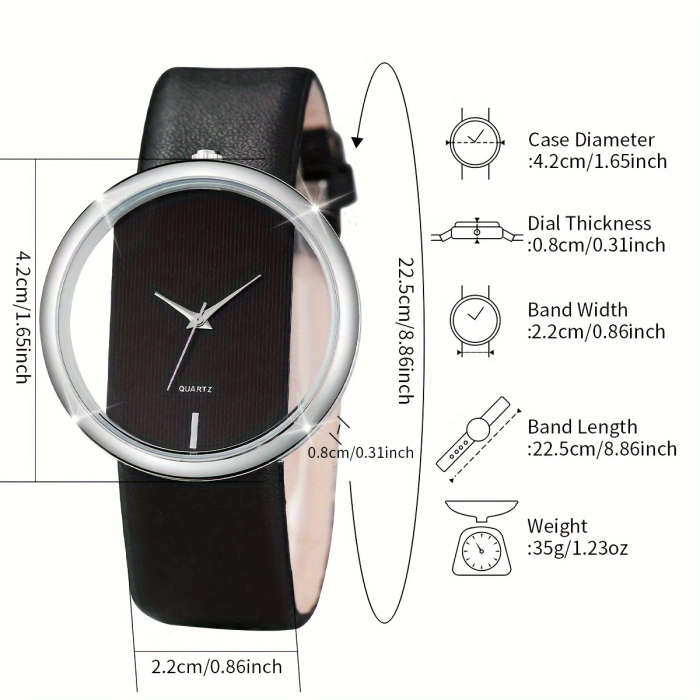 2pcs Set Women'S Fashion Hollow Dial Quartz Wrist Watch and Bracelet Set Round Alloy Case Faux Leath