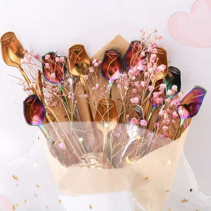8pcs High-Quality Stainless Steel Rose Flower Spoon Fashionable Design 6.77-inch Long Handle
