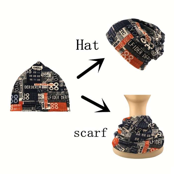 1pc Unisex Printed Beanie Hat Scarf Casual Style High Stretch Polyester with Elastane Light