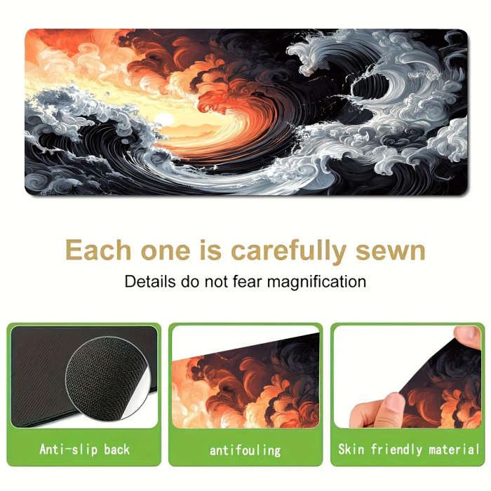 1pc 40x90cm Vibrant Wave Sunset Design Mouse Pad Non-Slip Washable Rubber Desk Mat