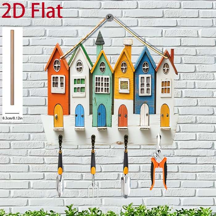 2D/Flat 1pc Colorful House Simple and Colorful Wooden Home Key Hanger with Four Metal Hooks 2D/Fla