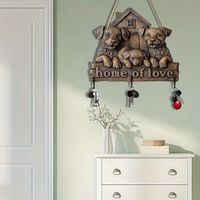 2D Flat 1pc Dog House Simple Colorful Wooden and Home Key Hanger with Four Metal Hooks 30.0cm x 2