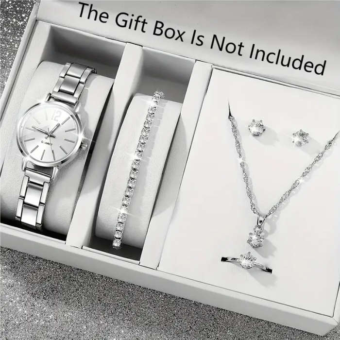 Elegant 6-Piece Women's Quartz Watch And Rhinestone Jewelry Set