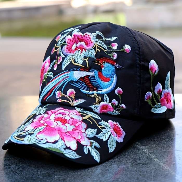 1pc Elegant Oriental-Inspired Women's Baseball Cap with Floral Bird Embroidery Adjustable Sun-