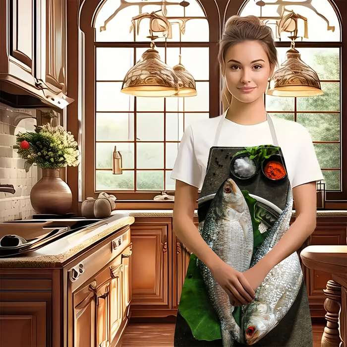 1pc Linen Chef Apron with Fish Design Durable Woven Kitchen Apron for Cooking and Gardening E