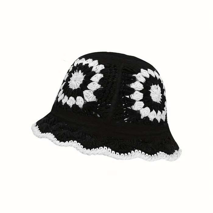 1pc Elegant Retro Floral Crochet Fisherman Hat Classic Color Block Warm Pot Hat Lightweight Breat