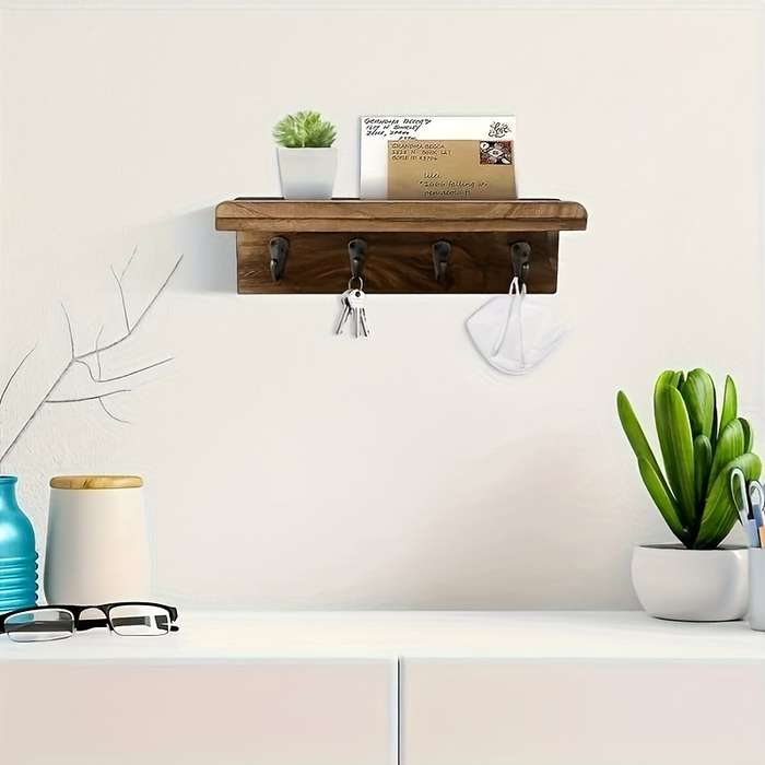 Rustic Farmhouse Wooden Key Holder with 4 HooksWall-Mounted Mail Organizer for Bedroom Kitchen