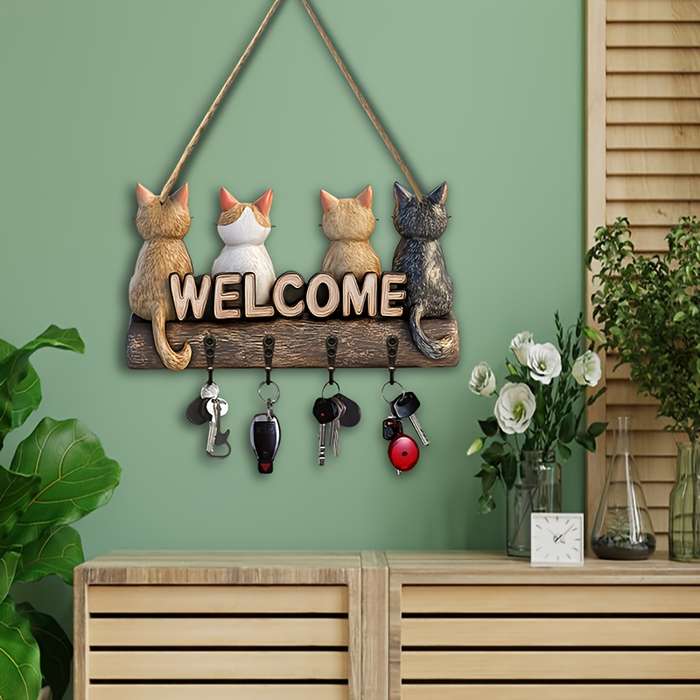 1pc Simple Colorful Wooden Kitten with Home Key Hanger with Four Metal Hooks 30.0cm x 23.5cm Wall