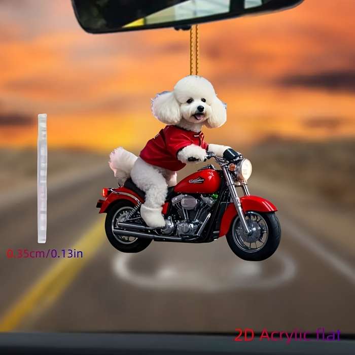 1pc 2D Flat   Adorable Bichon Frise on Motorcycle Acrylic Hanging Ornament Charming Red-Dress