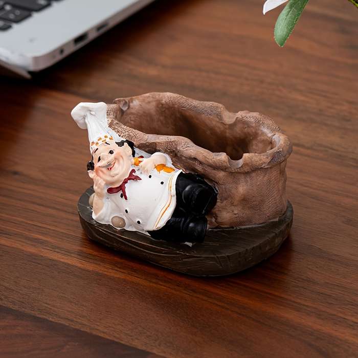1pc Vintage Chef Ashtray Resin Food-Themed Oval Shape No Power Needed Home Kitchen Deco