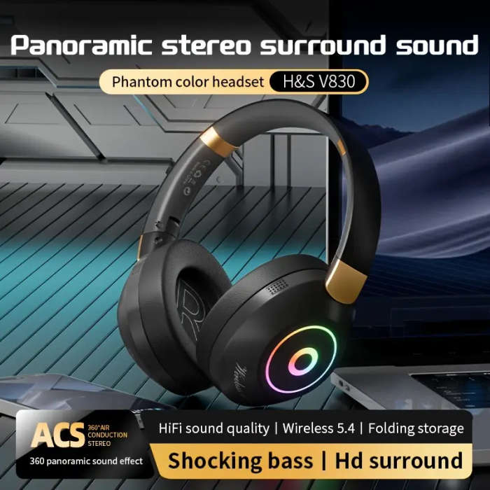 Wireless Headphones Panoramic Stereo Surround Sound Multi-Color Led Light
