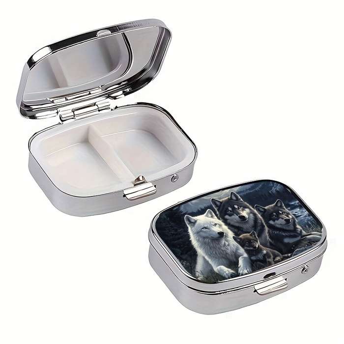 1pc Wolf Family Metal Pill Box C Portable Decorative Organizer with Realistic Wolf Artwork Com