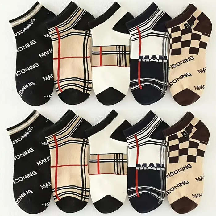10pcs Men's Fashion Ankle Socks Trendy Versatile Stylish Low-Cut Boat Socks with Letter Pattern Brea