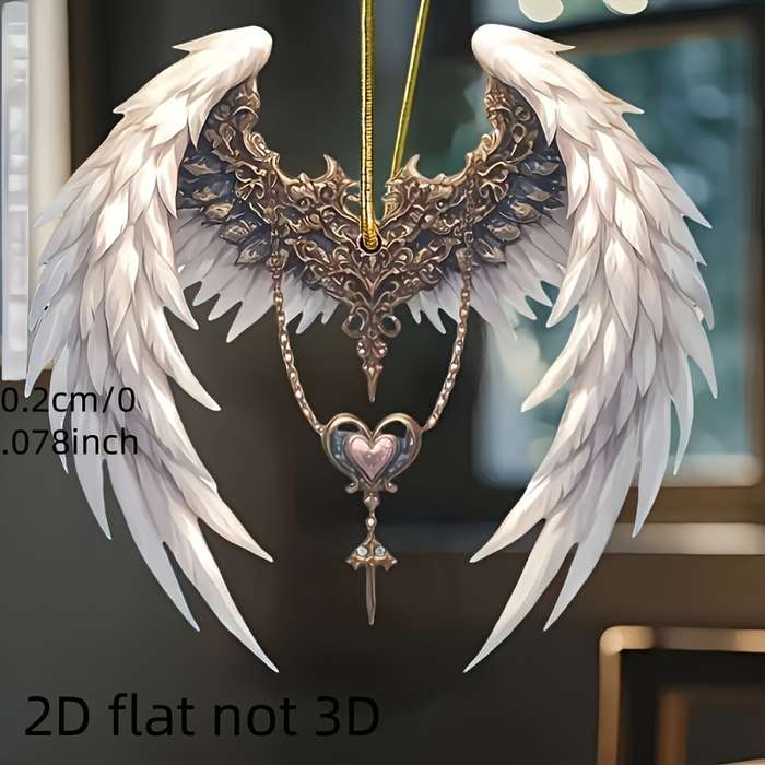 1pc 2D Flat  Elegant  Acrylic Angel Wings Pendant with Heart-Shaped Keychain Ethereal White G