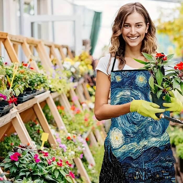 1pc Starry Night Kitchen Apron Stylish Polyester Cooking Apron with Van Gogh-Inspired Design Per