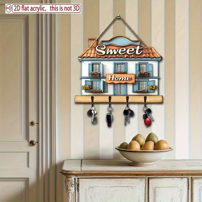 A Vintage Summer Villa Wooden Key Holder Measuring 29.97 X 22.86 cm Featuring 4 Metal Hooks Suitab