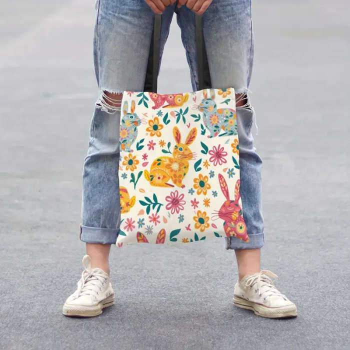 1pc Easter Bunny Decoration Vibrant Florals Canvas Tote Bag Large Women Casual Shoulder Bag Handbag