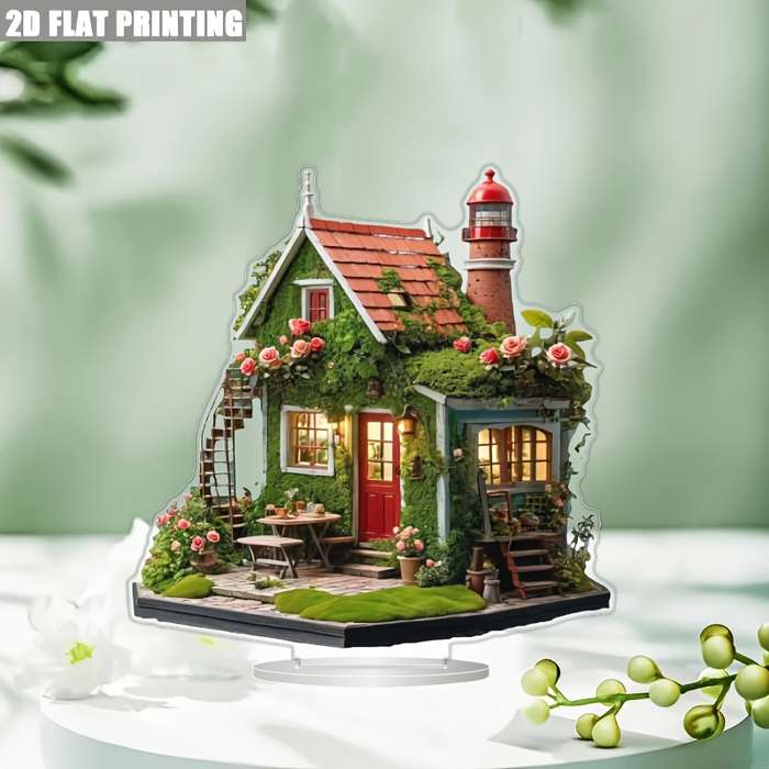 1pc 2D Flat  Bohemian Style Acrylic Holiday Village House Vibrant Lighthouse Cottage Scene with