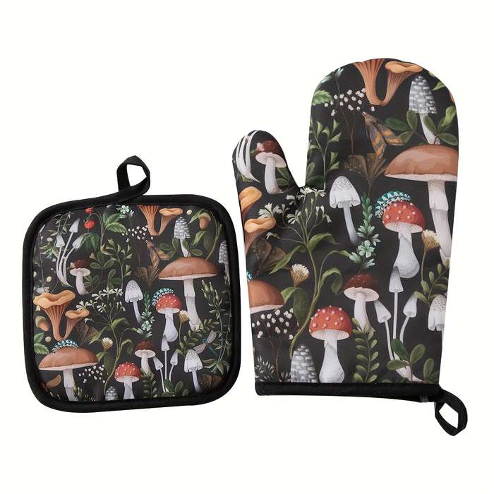 2pcs Polyester Digital Print Mushroom Pattern Kitchen Baking Oven Mittens Heatproof Mats Dining