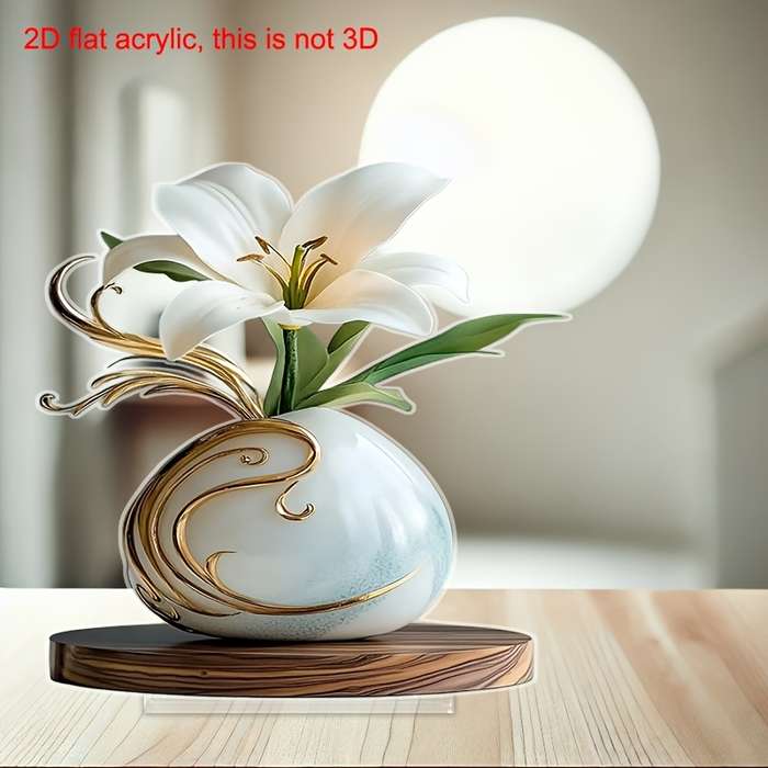 1pc 2D Flat  Acrylic Vase with Elegant White Lilies and Golden Accents Ideal for Home Office or