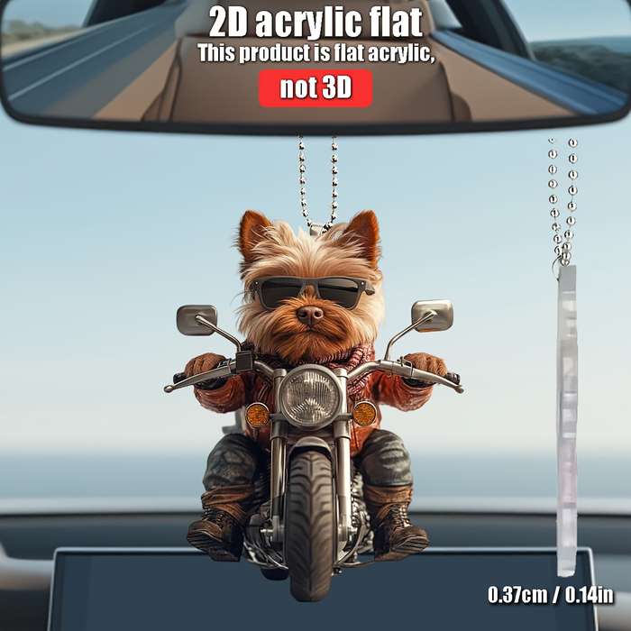 1pc 2D Flat   Yorkshire Terrier Riding Motorcycle  Acrylic Hanging Ornament Flat Design with