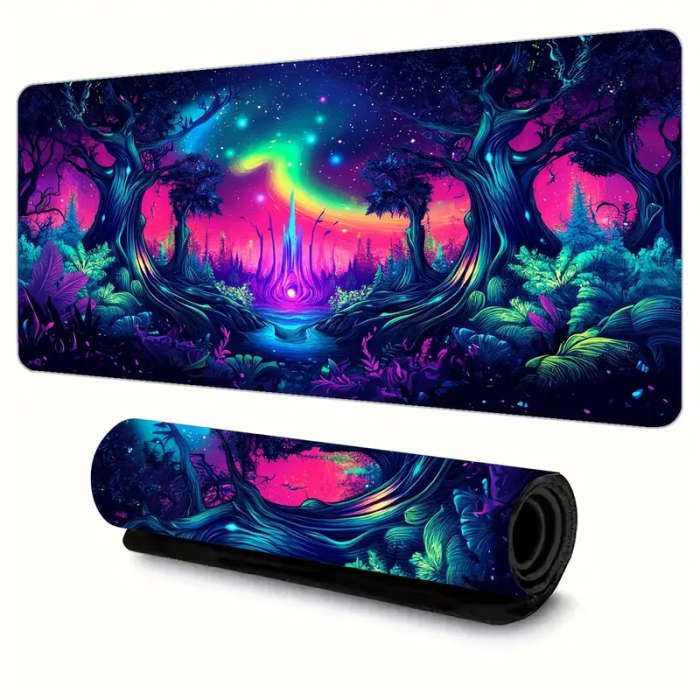 1pc 30x80cm Vibrant Neon Aurora Forest Gaming Mouse Pad Soft Rubber Base Non-Slip Desk Mat