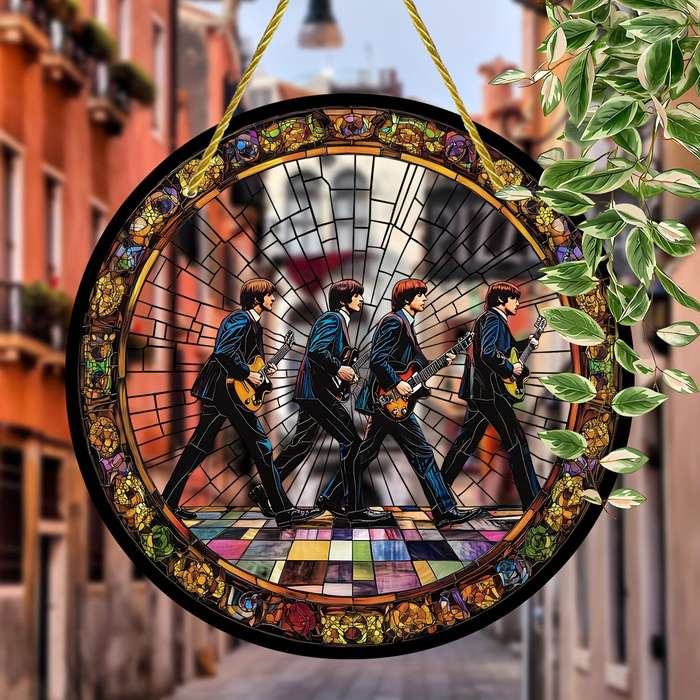 1pc 2D Flat 20.32cm Round Acrylic Sun Catcher with Stained Glass Style Iconic Beatles Design Vi