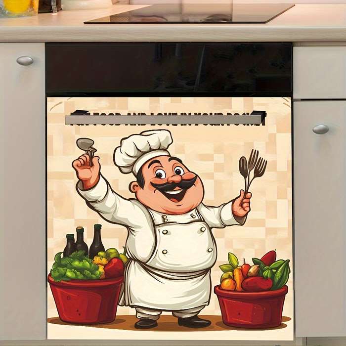 1pc Happy Chef Kitchen Wall Sticker Vibrant Cartoon Design with Fresh Fruits Vegetables Self-A
