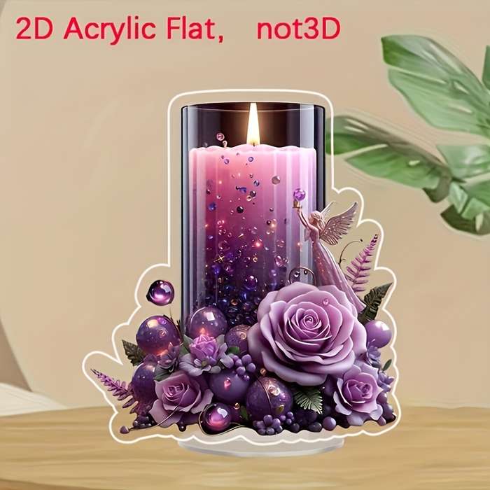 1pc 2D Flat  Purple Acrylic Candle Decor with Angel Roses Romantic  Design for Home Offi