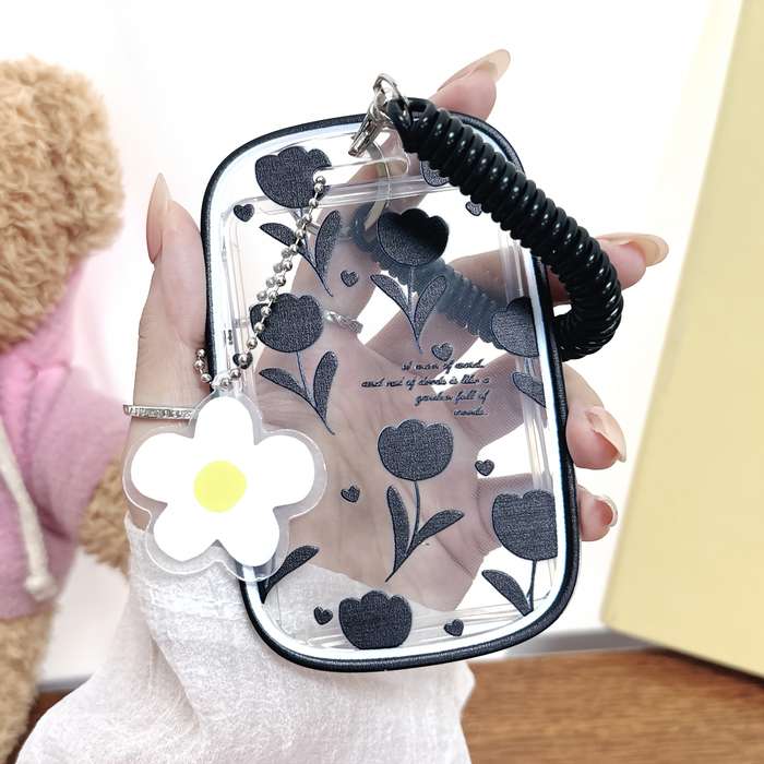 1pc Chic Black Tulip Floral Design Card Holder with Coiled Lanyard and Daisy Keychain Charm Durab
